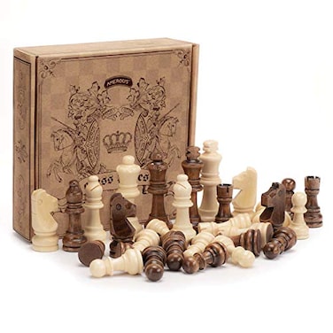 AMEROUS Wooden Chess Pieces Only Staunton Style Wood Chessmen with 315 King Storage Bag Gift Packed Box Tournament Chess Game Pawns for Replacement of Missing Pieces