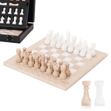 MARBLE RANGE Marble Chess Set for Adults 10 Handmade Verona White Board Game with 32 Chess Pieces 2 Extra Queens Storage Box Luxury Travel Game Elegant for Home Decor