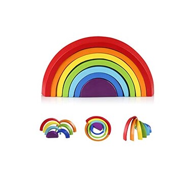 Coogam Wooden Rainbow Stacker Nesting Puzzle Blocks Tunnel Stacking Game Building Creative Color Shape Matching Jigsaw Learning Toy Set Board Early Development for Kids Boy Girl