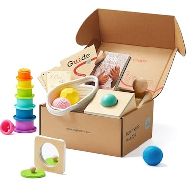 Tiny Land Montessori Toy Set for Babies 79 Months Senser Play Kit 5in1 Wooden Learning Toys with Object Permanence Box Sensory Ball Stacking Cups and Mirror PuzzleBody Board Book