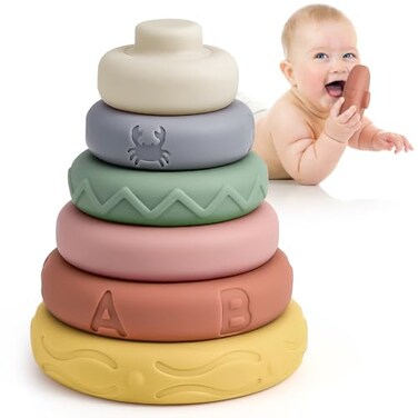 Mini Tudou 6 Pcs Stacking Nesting Circle Toy 47Soft Building Rings Stacker TeethersSqueeze Play with Early Educational Learning Stacking Tower Toy for 6 Months BoysGirls