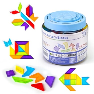 Pairez Toys Transparent Pattern Blocks 126 Pcs Geometric Shapes Blocks Tangram Puzzles Practice Sorting Counting Patterning Math Manipulatives for Kids Back to School Supplies Teacher Supplies