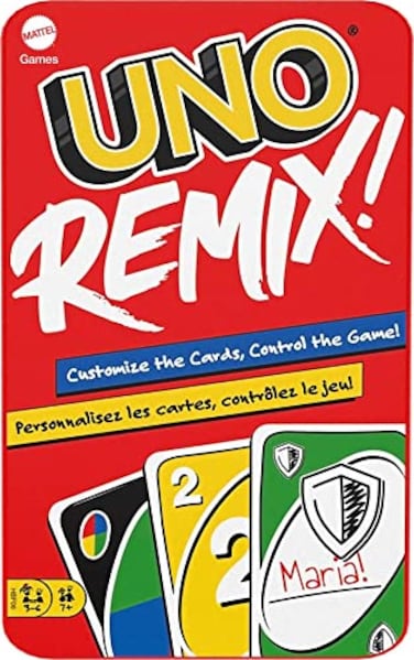 Mattel Games UNO Remix Card Game for Family Night with Customizable Options WriteOn Cards in Storage Tin for 36 Players