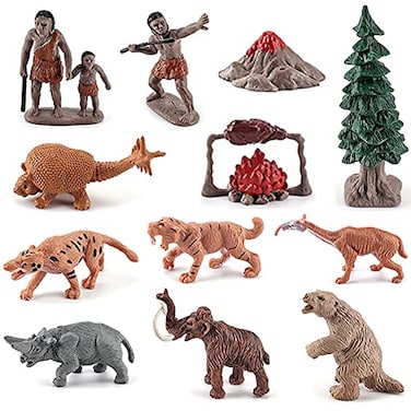BLAPNK Realistic Prehistoric Animal and Primitive Figurines Moodel Toy 12 Pcs Ancient Smilodon Mammoth Human Figures Collection Playset Educational Toy Christmas Birthday Gift