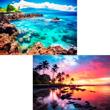 Edsjegn 2 Pack 1000 Piece Puzzles for Adults Beach Coconut Tree Reef Landscape Jigsaw Puzzles 2000 Pieces Total