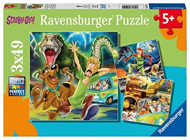 Ravensburger Scooby Doo Three Night Fright KidFriendly 3x49 Piece Jigsaw Puzzles Set FSCCertified Engaging Imagery Durable EasytoHold Pieces Beneficial for Cognitive Development