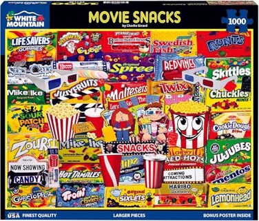White Mountain 1000 Piece Jigsaw Puzzle Popcorn and Candy Collage Puzzles with Large Pieces for Adults and Family 24x30 Movie Snacks