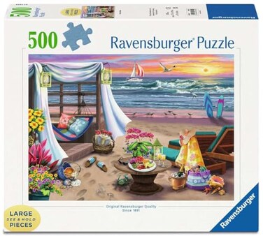 Ravensburger Cabana Retreat 500 Piece Large Format Jigsaw Puzzle Enjoy Peaceful Salty Breezes and a Stunning Ocean Sunset Frameable Premium Quality Puzzles for Adults