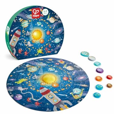 Hape Solar System Puzzle Round Solar System Puzzle Toy for Kids Solid Wood Pieces and A Glowing LED Sun
