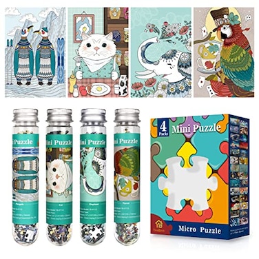 Yove Bzvst Mini Jigsaw Puzzles for Adults 4 Pack 150 Piece Challenging Micro Puzzle Test Tube Small Puzzle Portable Travel Pocket Puzzle Ideal Gift 4x6 Inch Each