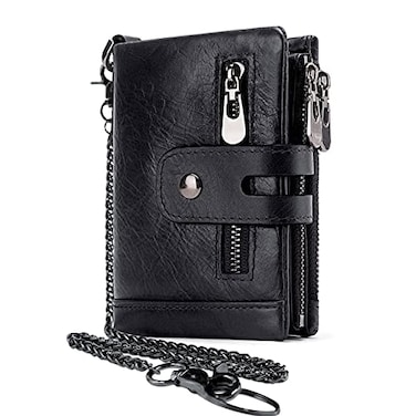 boshiho Real Leather RFID Blocking Bifold Wallets for Men Double Zipper Coin Pocket Purse with AntiTheft Chain Black2