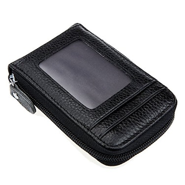 DEEZOMO RFID Blocking Genuine Leather Mini Credit Card Case Organizer Compact Wallet with ID Window Black
