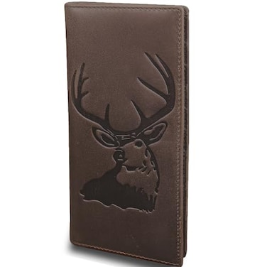 DK86 Deer Long Wallet For Men Full Grain Leather Rfid Blocking Rodeo Wallet Bifold Wallet Deer Wallet Coffee