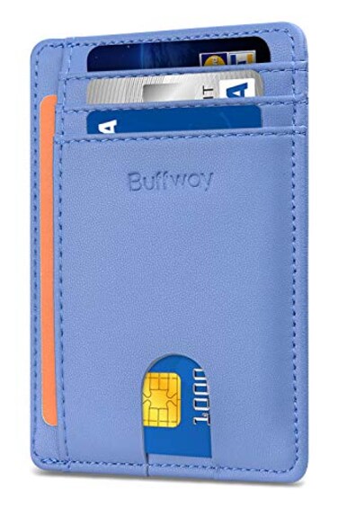 Buffway Slim Minimalist Front Pocket RFID Blocking Leather Wallets for Men and Women Sand Wathet Blue