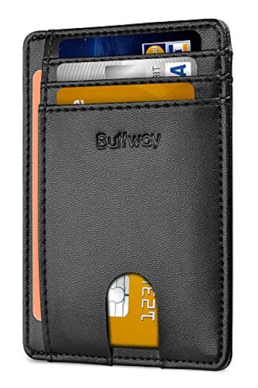 Buffway Slim Minimalist Front Pocket RFID Blocking Leather Wallets for Men and Women Sand Black