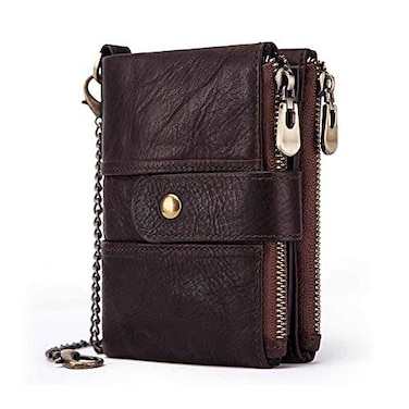 boshiho Real Leather RFID Blocking Bifold Wallets for Men Double Zipper Coin Pocket Purse with AntiTheft Chain Coffee