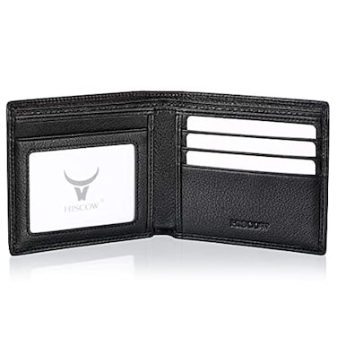 HISCOW Mens Full Grain Leather Wallet Slim Bifold with 2 Bill Compartments TaptoPay Friendly NonRFID Durable Pebble Grain with ID Window Black