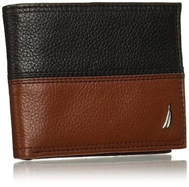 Nautica Mens Bifold Leather Wallet RFID Blocking ID Window Card Slots Organization Durable Stylish Two Tone BlackCognac