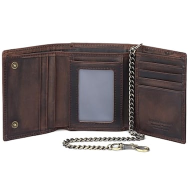Enwaen Trifold Chain Wallets for Men Genuine Leather Wallet RFID Blocking AntiTheft Chain for Biker Motorcycle