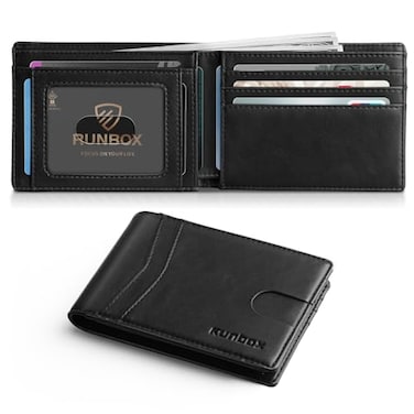 RUNBOX Wallet for Men Slim Leather Bifold RFID Blocking Minimalist Front Pocket Design with Gift Box