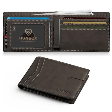 RUNBOX Wallet for Men Slim Leather Bifold RFID Blocking Minimalist Front Pocket Design with Gift Box
