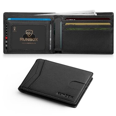 RUNBOX Wallet for Men Slim Leather Bifold RFID Blocking Minimalist Front Pocket Design with Gift Box