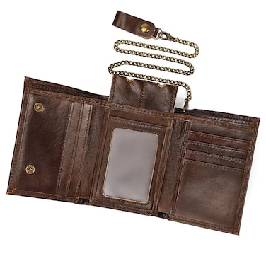 PINKPIN Mens Wallets with Chains Genuine Leather Trifold Wallet RFID Blocking AntiTheft Chain for Biker Motorcycle Coffee