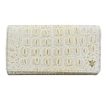 Anuschka Womens Original HandPainted Genuine Leather RFID Blocking Three Fold Wallet Croco Embossed Cream Gold