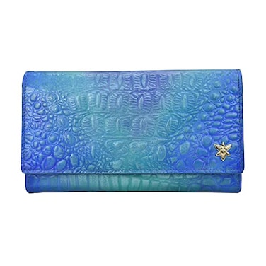Anuschka Womens Original HandPainted Genuine Leather RFID Blocking Three Fold Wallet Croco Embossed Peacock