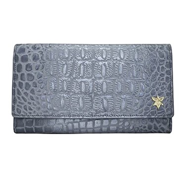 Anuschka Womens Original HandPainted Genuine Leather RFID Blocking Three Fold Wallet Croco Embossed Silver Gray