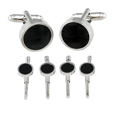 Cuff-Daddy Mens Black Onyx SpringBack Tuxedo Cufflinks Studs Formal Set with Presentation Gift Box