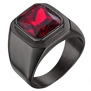 SINLEO Mens Stainless Steel Square Gemstone Ring Statement Wedding Band Ruby Stone Black Red Size 10