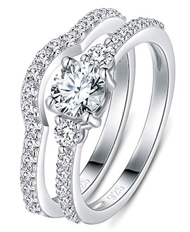 BORUO 925 Sterling Silver Ring Cubic Zirconia CZ 2pc Wedding Band Stackable Ring Set Size 9