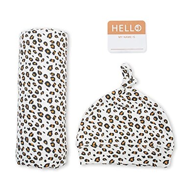 Lulujo Birth Announcement Hat Swaddle Blanket Set Unisex Softest Bamboo Viscose Muslin Baby Swaddle BlanketReceiving Blanket 47in x 47in Leopard