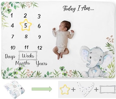 Little Dolphy Baby Milestone Blanket 60x40 Baby Month Blanket for Unisex Babys First Year Calendar Monthly Growth Chart Light Gray Elephant