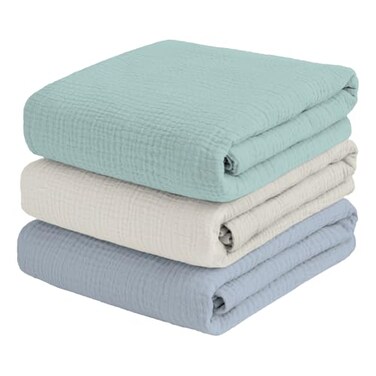 breebleep Muslin Swaddle Blankets for Newbron Receivig Blankets for Boys Large 47x47 Inch Soft Brethable Lightweight Cotton Blankets 3 Pack Green Cream White Blue