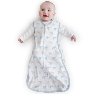 Amazing Baby Cotton Sleeping Sack Wearable Blanket with 2way Zipper Pastel Blue Gray Tiny Elephants Medium 612 mo