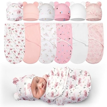 Ramede 6 Pack Preemie Swaddle Blanket with Hats Sleep Swaddle for Baby Boy Girl Preemie Newborn Sacks Soft Cotton WearableBearPink