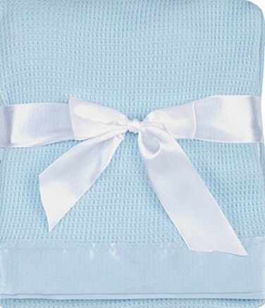 Quadow Thermal Waffle Weave Baby Blanket with Satin Nylon Trim Blue