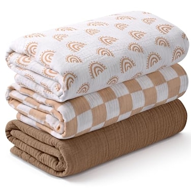 LYRICHOM BABY Muslin Swaddle Blankets for Newborn 3 Pack Breathable Soft Receiving Blanket Large 38 x 40 inches Swaddle Wrap Burping Clothes Diapers Essentials Infant Shower Items Toddler Gift Rainbow