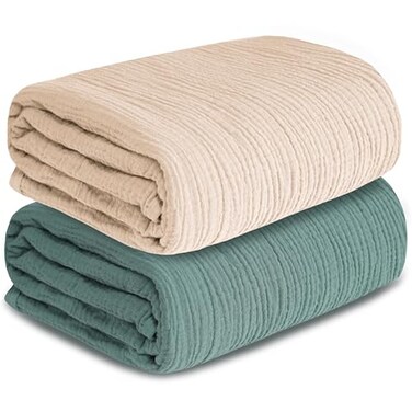 GUNTAIL Muslin Swaddle Blankets for Newborn 2 Pack Breathable Soft Receiving Blanket Large 41 x 41 inches Swaddle Wrap Burping Clothes Essentials Infant Shower Items Beige Green