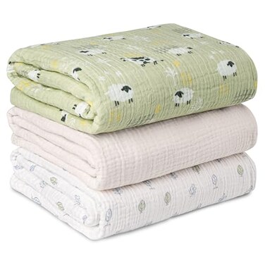 LYRICHOM BABY Muslin Swaddle Blankets for Newborn 3 Pack Breathable Soft Receiving Blanket Large 38 x 40 inches Swaddle Wrap Burping Clothes Diapers Essentials Infant Shower Items Toddler Gift Cute Fa