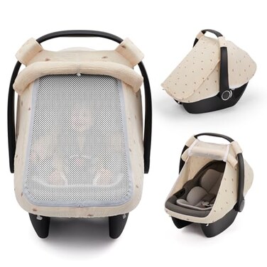 Blissful Diary Baby Car Seat Cover Extra Large Mesh Window Breathable Muslin Cotton Infant Windproof Canopy MustHave Baby Gift Sunshine