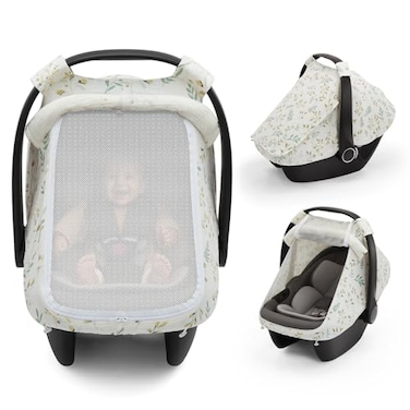 Blissful Diary Baby Car Seat Cover Extra Large Mesh Window Breathable Muslin Cotton Infant Windproof Canopy MustHave Baby Gift Botanical Leaf