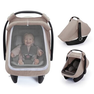 Blissful Diary Baby Car Seat Cover Extra Large Mesh Window Breathable Muslin Cotton Infant Windproof Canopy Agreeable Gray