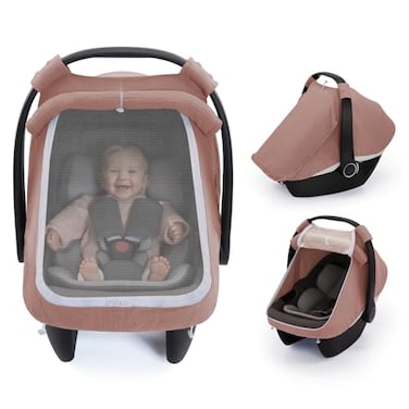 Blissful Diary Baby Car Seat Cover Extra Large Mesh Window Breathable Muslin Cotton Infant Windproof CanopyDusty Pink