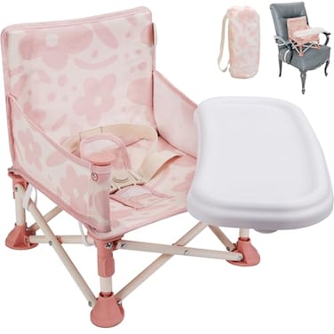 Tiny Marvels 3in1 Portable Baby Chair Foldable Booster Seat with Removable Tray Safety Harness Carry Bag for Dining Travel Camping Beach 6M3Y Blush Bloom