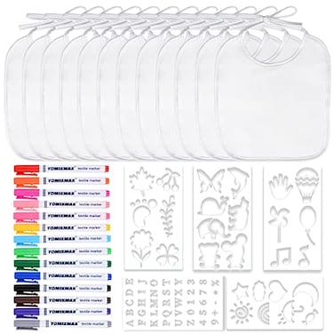 GOLDGE Dazzle at Baby Showers with a 44piece DIY Bib Decorating Kit 24 Bibs 6 Stencils 14 Markers Perfect Gender Reveal Party Gift Medium White