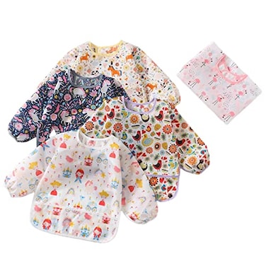 Hafftnun 5pcs Set Long Sleeve Waterproof Bib Full Coverage Apron Bib Smock Toddler Bibs with Pocket 630 Months