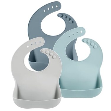 PandaEar 3 Pack Silicone Bibs for Boys Girls for Babies Toddlers Waterproof Feeding Bib with Large Food Catcher BPA Free Blue Gray